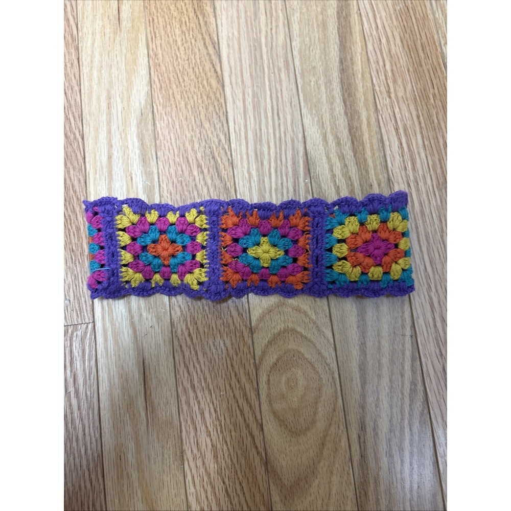 Purple‎ Multicolor Granny Square Headband Boho Crochet 3 Inch Wide